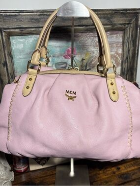 MCM Pink Leather Satchel with Cream Trim
